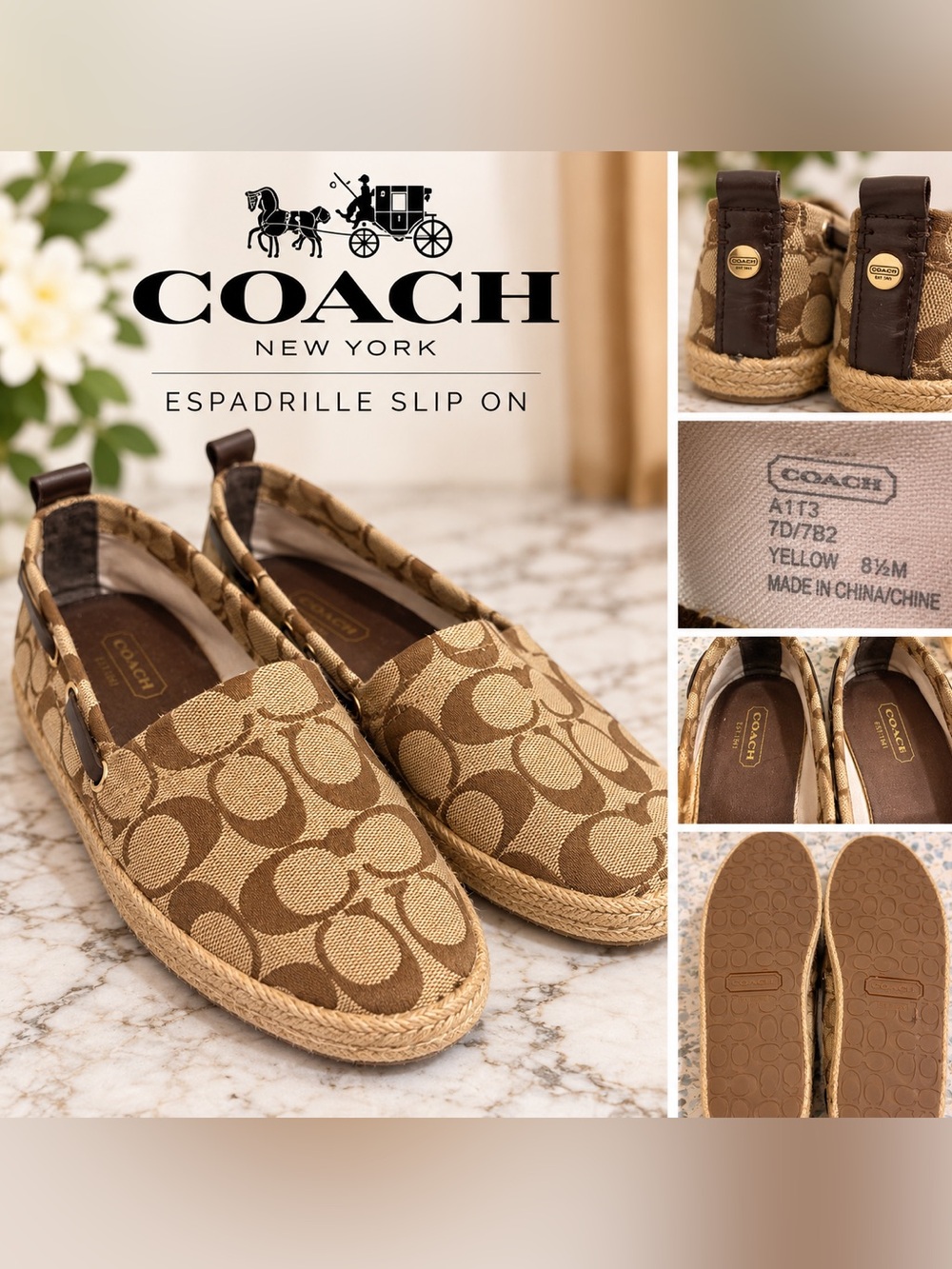 COACH Tan and Cream Signature Canvas Espadrille Slip-On